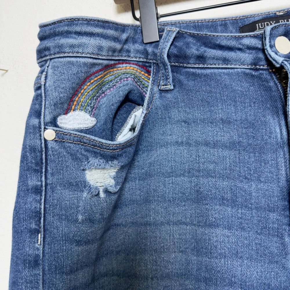 Judy Blue Women Jeans 15/32 Blue Rainbow Distressed Straight Leg Denim Stretch